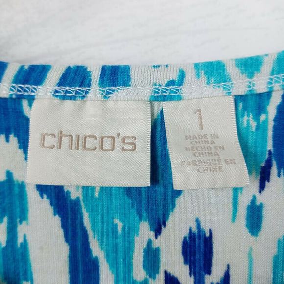 Chicos Top Asymmetrical Crochet-Hem Ikat Tunic Turquoise Blue Size 1 Medium - Picture 2 of 11